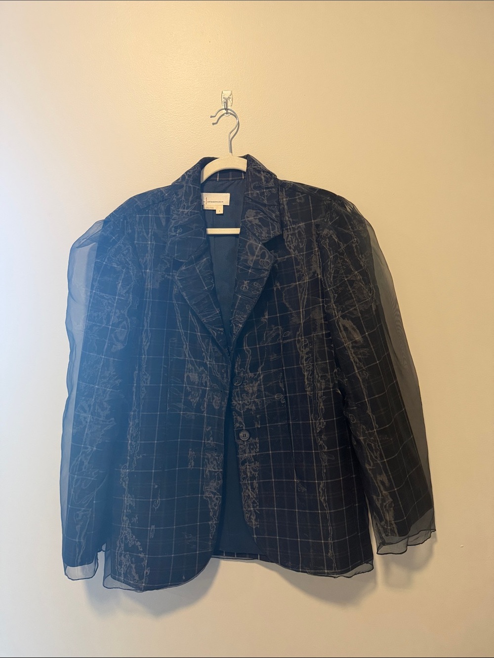 Anthropologie Black Sheer Sleeve Plaid Blazer